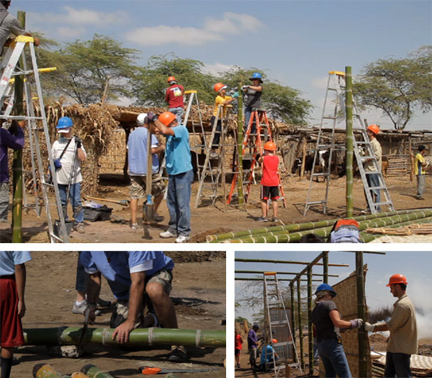 Missionaries from St. John the Baptist Catholic Church in Edmond don hard hats to build a new home for one of the parish families. The home is constructed with bamboo posts, grass walls, ply board and a tin roof. It takes almost a full day to build.